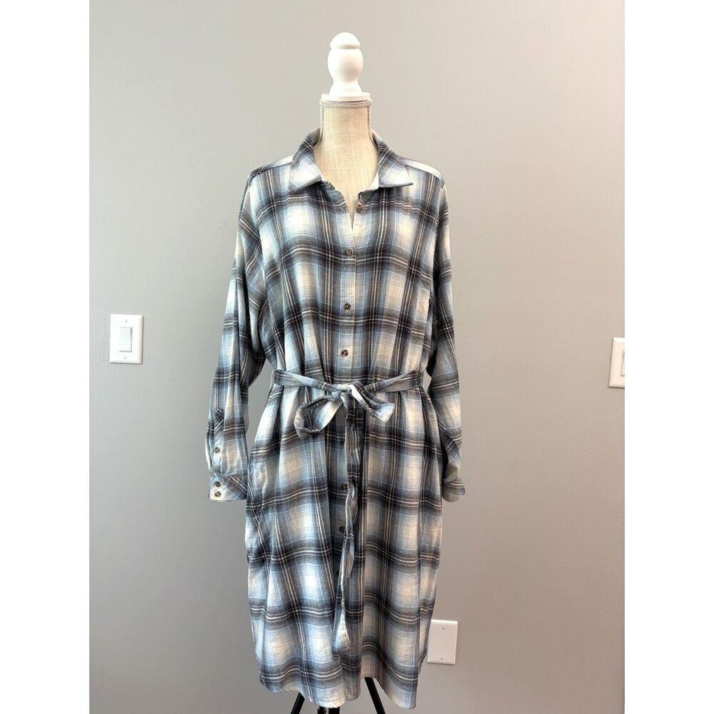 New Torrid 100% Cotton Womens 3X Blue Plaid Flannel Button Front Shirt Dress
